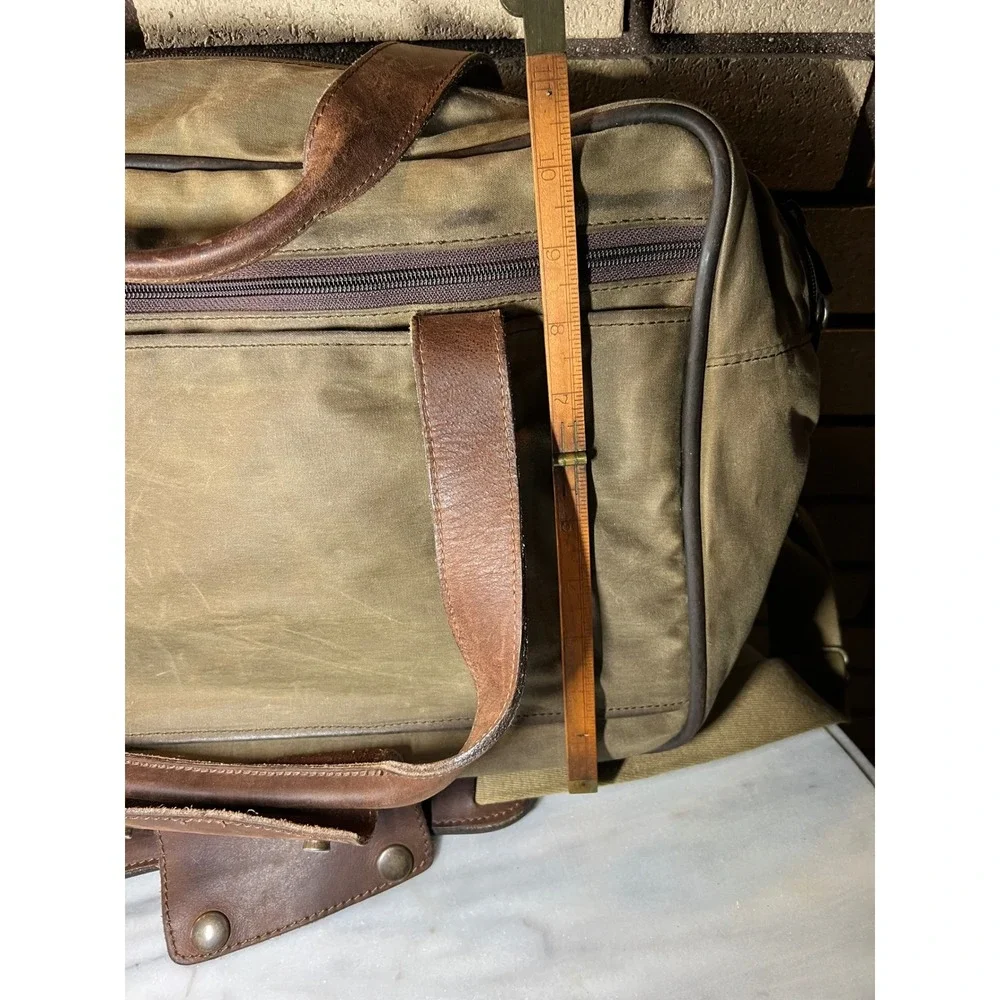 Schlesinger Messenger Laptop Bag VTG Waxed Canvas Briefcase Leather Trim Olive